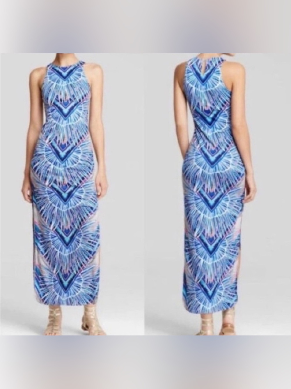Maura Hoffman Swim High Neck Blue Printed Long Dress Womens Size Large